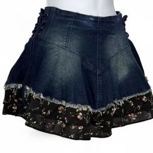 Current Mood Denim Lace-Up Mini Skirt | Layered Floral Ruffle Hem | Size L